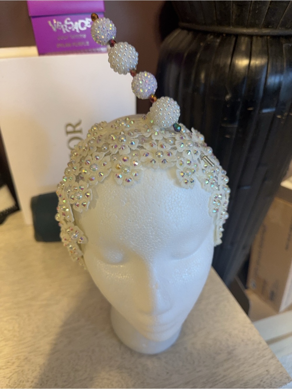 Versace White Iridescent Crystal Embellished Headband